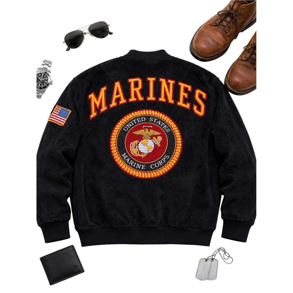 Vintage US Marines Black Suede Bomber Jacket Military Varsity USA XL Rare Coat